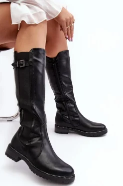 Damskie Kozaki Przed Kolano Na Płaskim Obcasie Czarne Klemmo