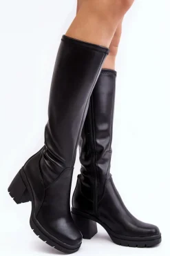 Damskie Kozaki Przed Kolano Na Obcasie Ocieplane Czarne Sislene