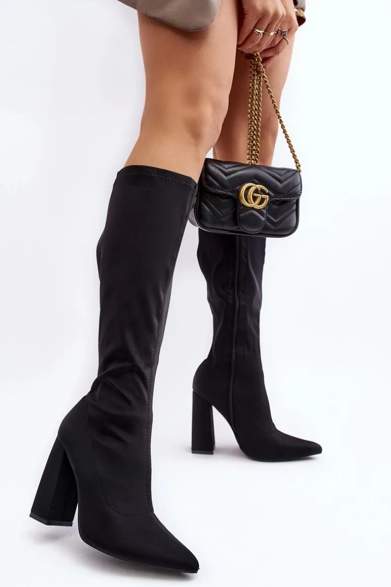 Damskie Kozaki Przed Kolano Na Słupku Czarne Fatuma