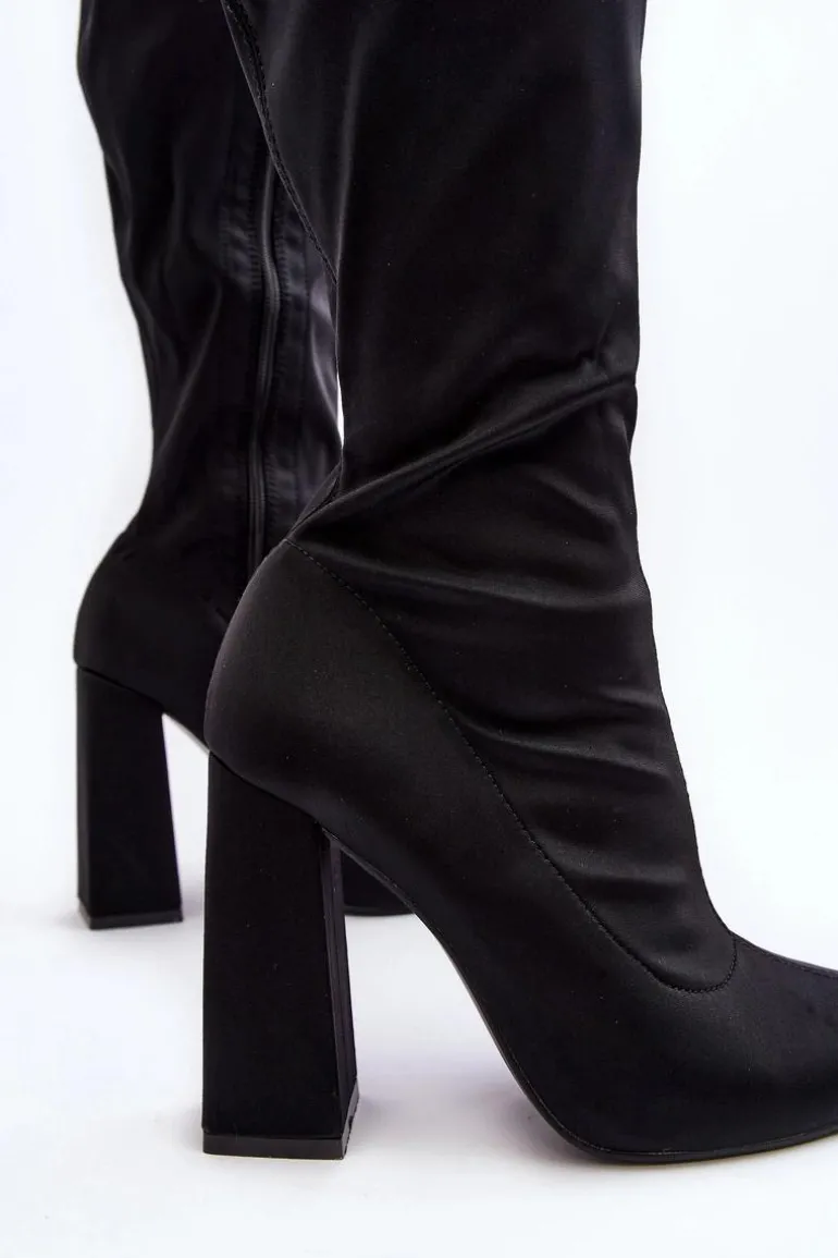 Damskie Kozaki Przed Kolano Na Słupku Czarne Fatuma