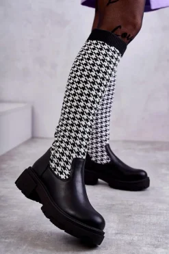Damskie Kozaki Skarpetkowe W Pepitkę Czarno-Białe Avira