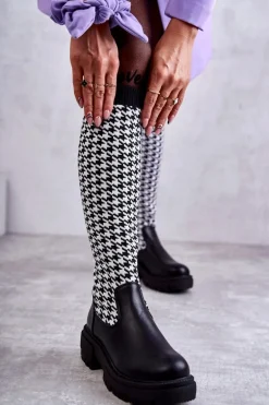 Damskie Kozaki Skarpetkowe W Pepitkę Czarno-Białe Avira