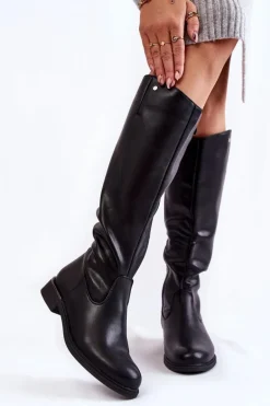 Damskie Kozaki Skórzane Na Płaskim Obcasie Czarne Asturio