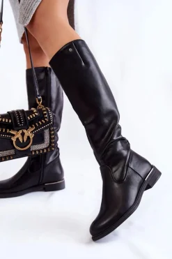 Damskie Kozaki Skórzane Na Płaskim Obcasie Czarne Asturio