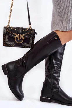 Damskie Kozaki Skórzane Na Płaskim Obcasie Czarne Asturio