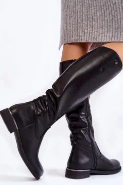 Damskie Kozaki Skórzane Na Płaskim Obcasie Czarne Asturio