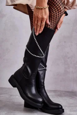 Damskie Kozaki Z Ozdobami Czarne Finlay