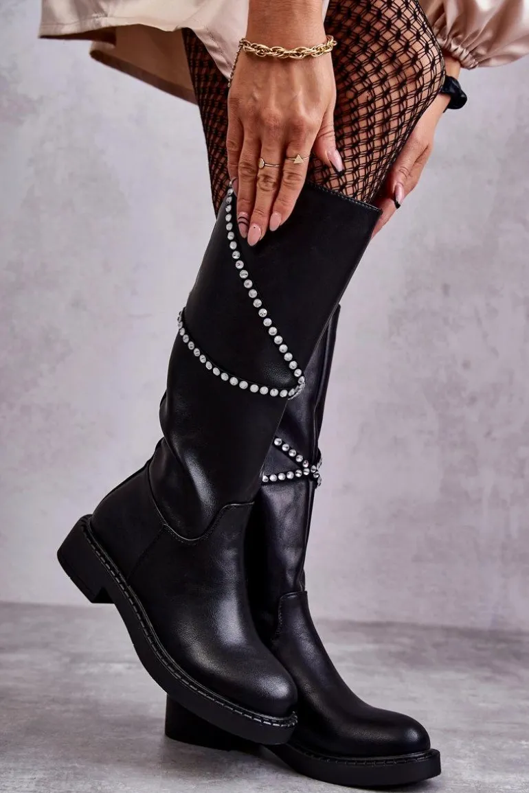 Damskie Kozaki Z Ozdobami Czarne Finlay