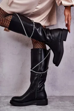 Damskie Kozaki Z Ozdobami Czarne Finlay