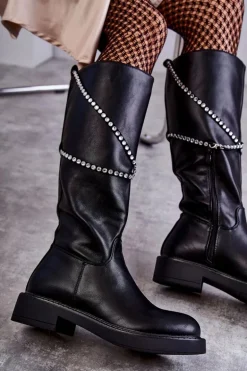 Damskie Kozaki Z Ozdobami Czarne Finlay