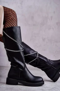 Damskie Kozaki Z Ozdobami Czarne Finlay