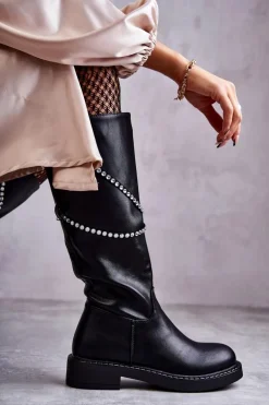 Damskie Kozaki Z Ozdobami Czarne Finlay