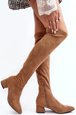Damskie Kozaki Za Kolano Na Niskim Obcasie Camel Maidna
