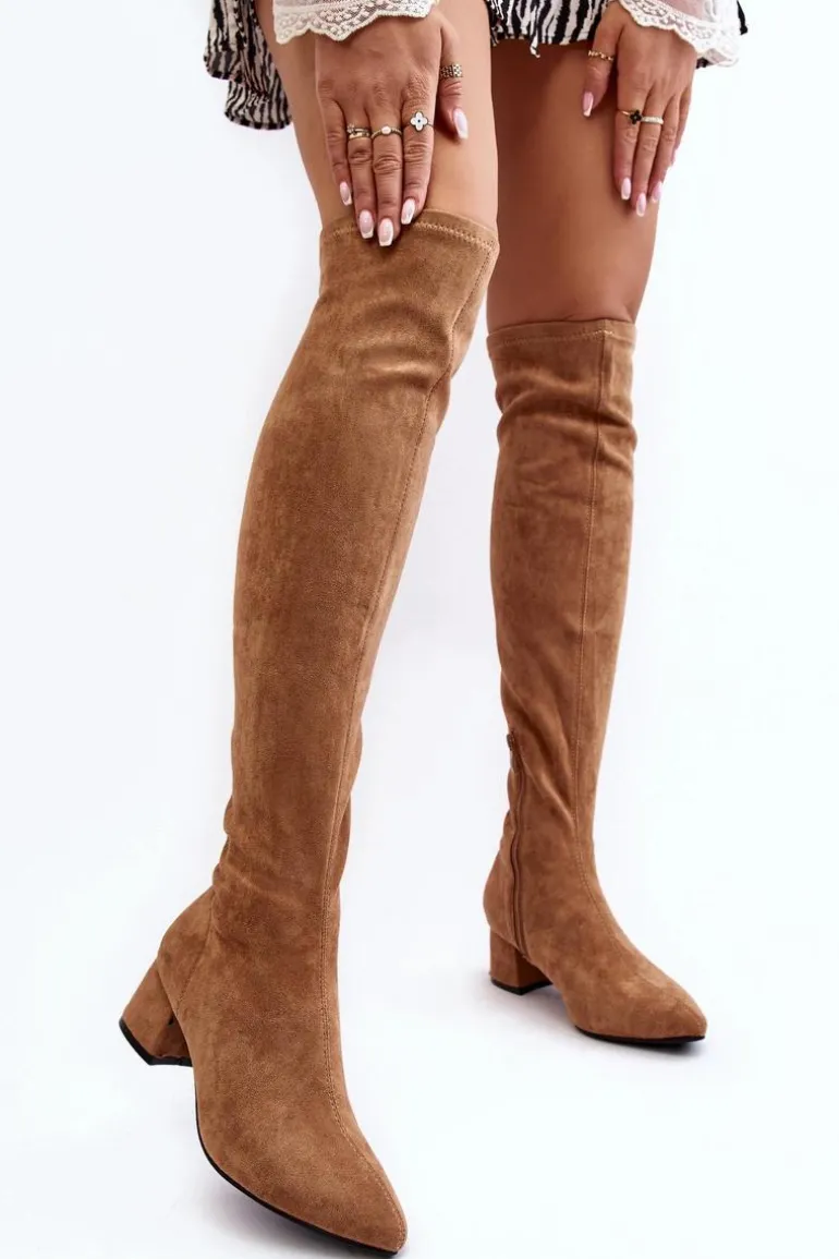 Damskie Kozaki Za Kolano Na Niskim Obcasie Camel Maidna
