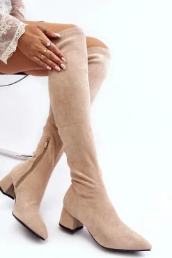 Damskie Kozaki Za Kolano Na Niskim Obcasie Jasnobeżowe Maidna