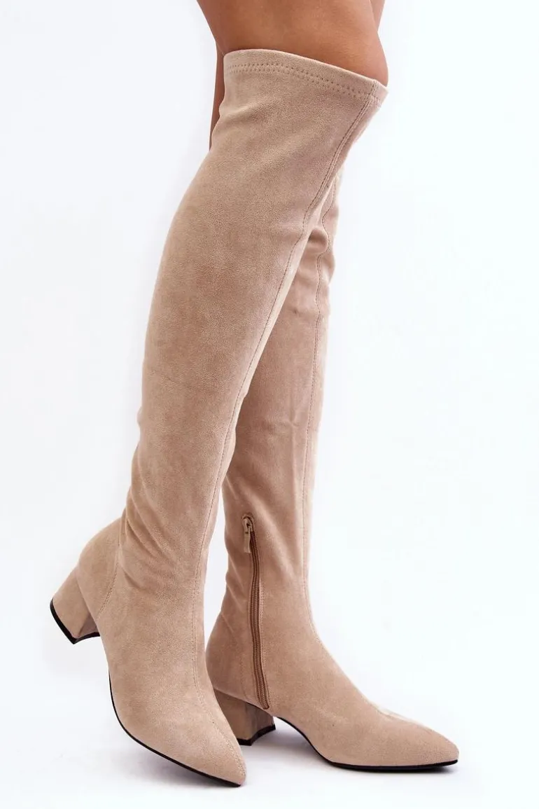 Damskie Kozaki Za Kolano Na Niskim Obcasie Jasnobeżowe Maidna