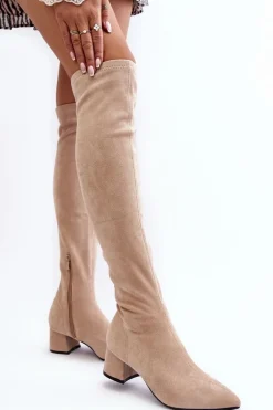 Damskie Kozaki Za Kolano Na Niskim Obcasie Jasnobeżowe Maidna