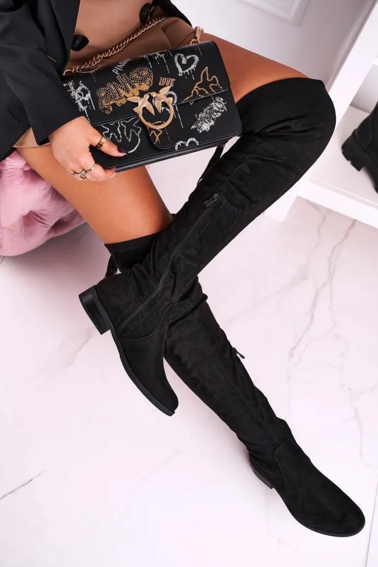 Damskie Kozaki Za Kolano Zamszowe Czarne Rebecca