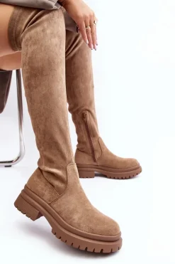 Damskie Kozaki Za Kolano Na Płaskim Obcasie Beżowe Silune