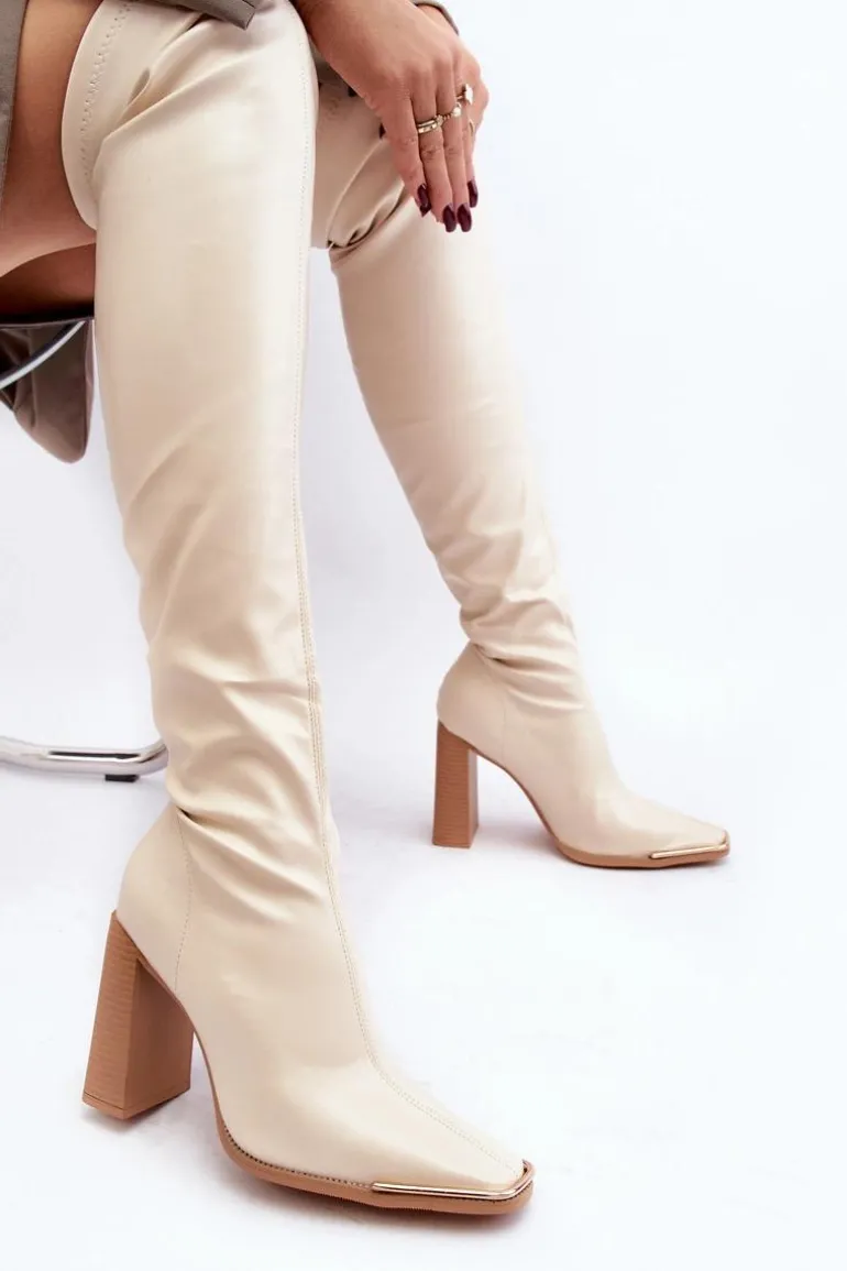 Damskie Kozaki Za kolano Na Słupku Ekoskóra Beżowe Orcella