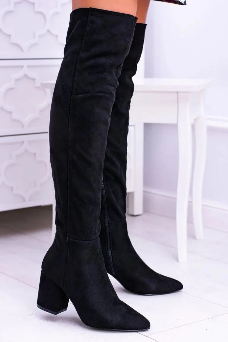 Damskie Kozaki Za Kolano Zamszowe Czarne Feluni