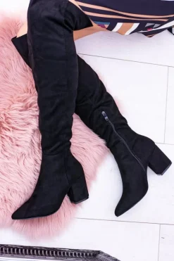 Damskie Kozaki Za Kolano Zamszowe Czarne Feluni