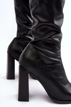 Damskie Kozaki Za kolano Na Słupku Ekoskóra Czarne Orcella