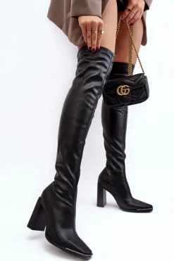 Damskie Kozaki Za kolano Na Słupku Ekoskóra Czarne Orcella