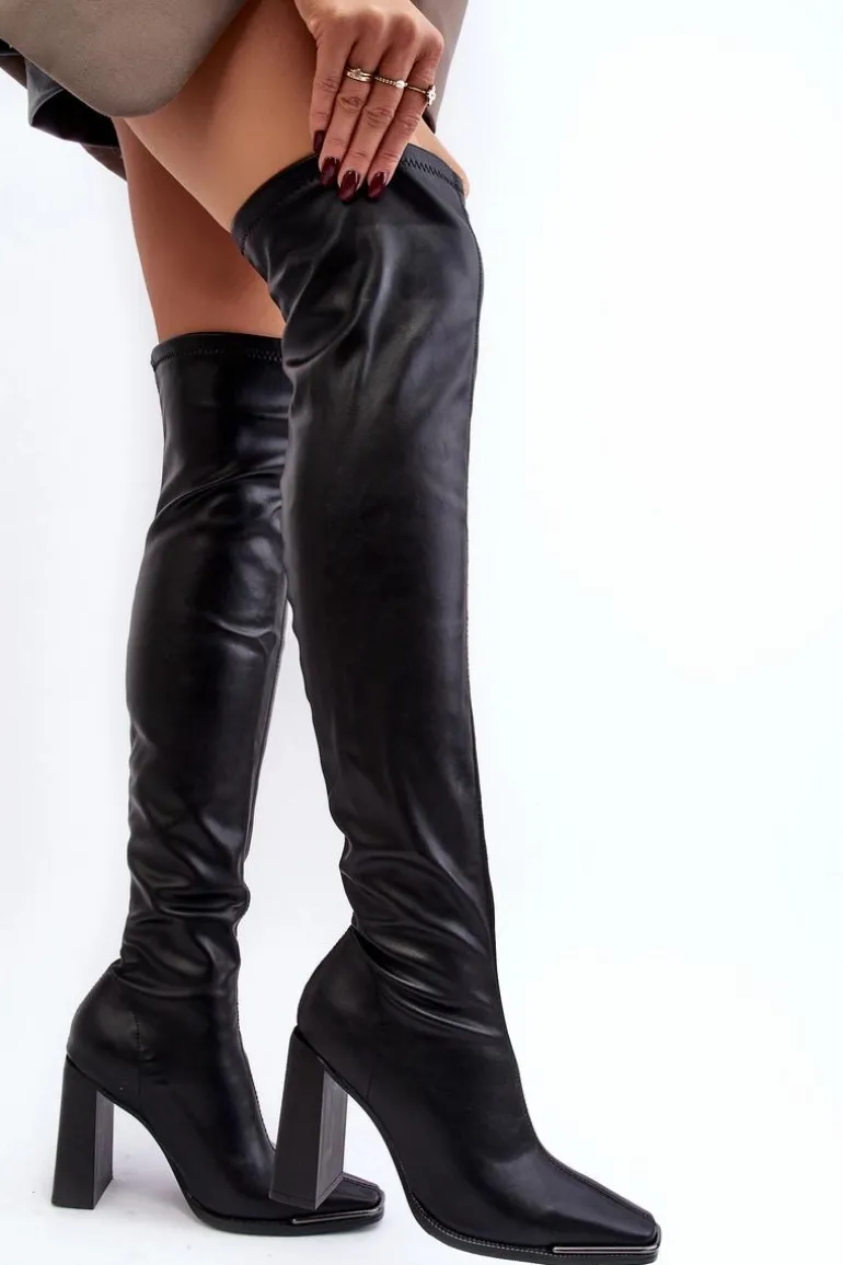 Damskie Kozaki Za kolano Na Słupku Ekoskóra Czarne Orcella