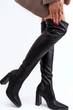 Damskie Kozaki Za kolano Na Słupku Ekoskóra Czarne Orcella