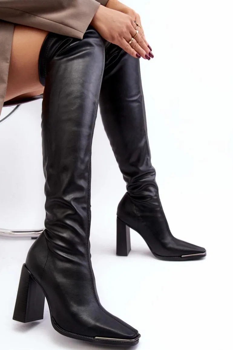 Damskie Kozaki Za kolano Na Słupku Ekoskóra Czarne Orcella