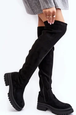 Damskie Kozaki Za Kolano Na Płaskim Obcasie Czarne Silune