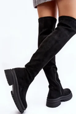 Damskie Kozaki Za Kolano Na Płaskim Obcasie Czarne Silune
