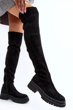 Damskie Kozaki Za Kolano Na Płaskim Obcasie Czarne Silune