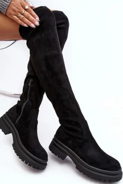 Damskie Kozaki Za Kolano Na Płaskim Obcasie Czarne Silune