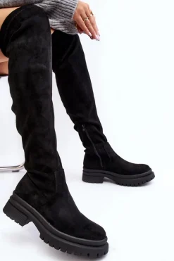 Damskie Kozaki Za Kolano Na Płaskim Obcasie Czarne Silune