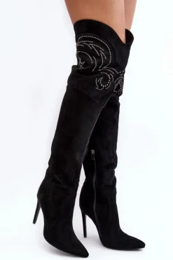 Damskie Kozaki Za Kolano Na Szpilce Czarne Vessy