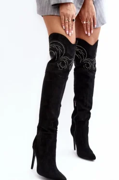 Damskie Kozaki Za Kolano Na Szpilce Czarne Vessy