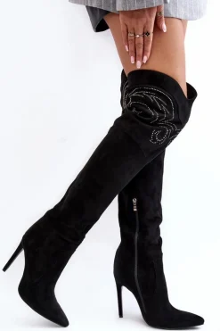 Damskie Kozaki Za Kolano Na Szpilce Czarne Vessy