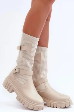 Damskie Kozaki Ze Skarpetą Beżowe Abroze