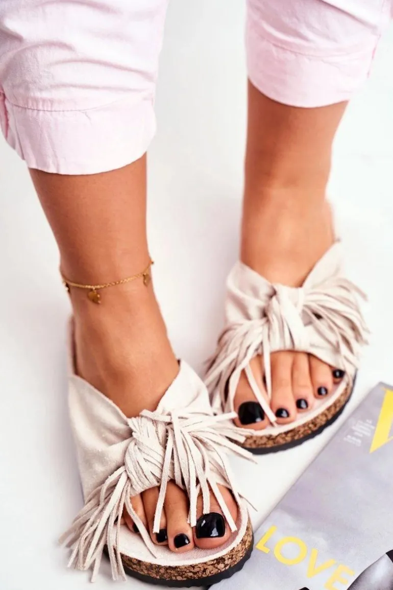 Damskie Kremowe Klapki Na Korku Frędzle Marina