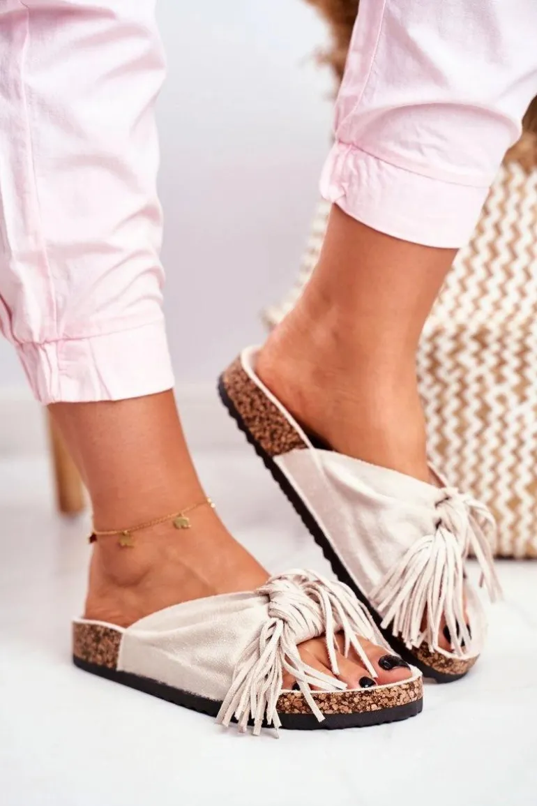 Damskie Kremowe Klapki Na Korku Frędzle Marina