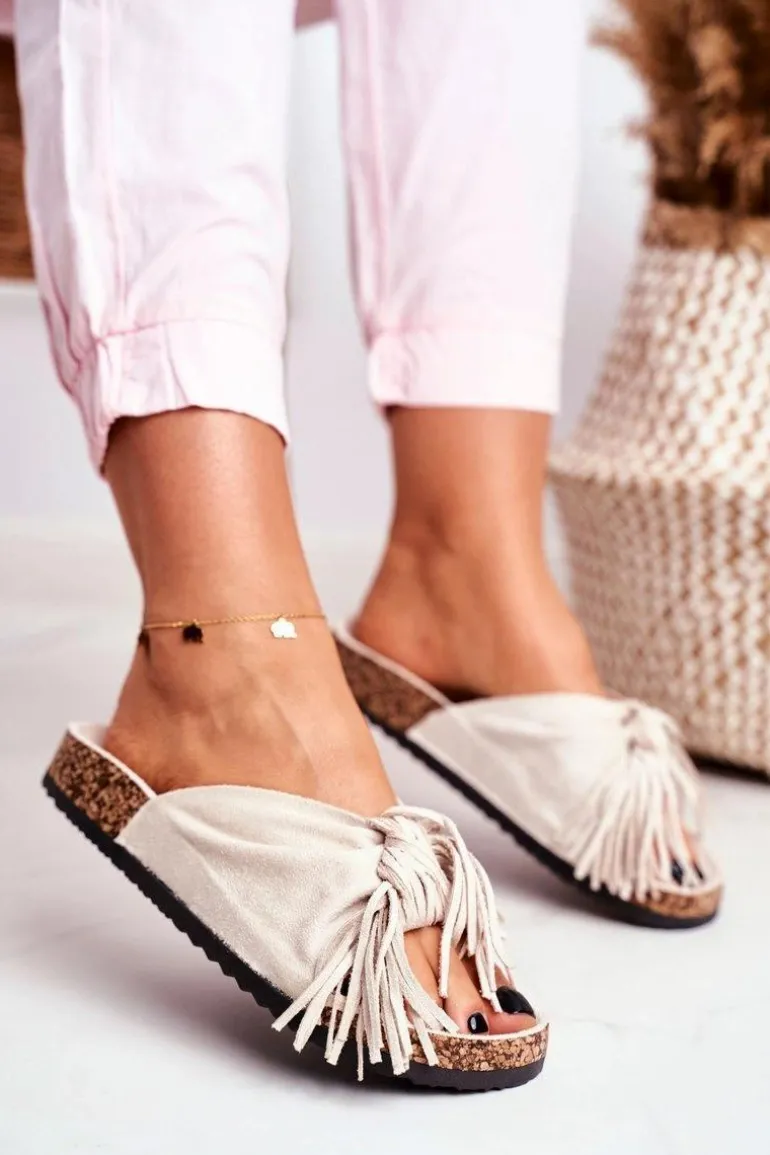 Damskie Kremowe Klapki Na Korku Frędzle Marina