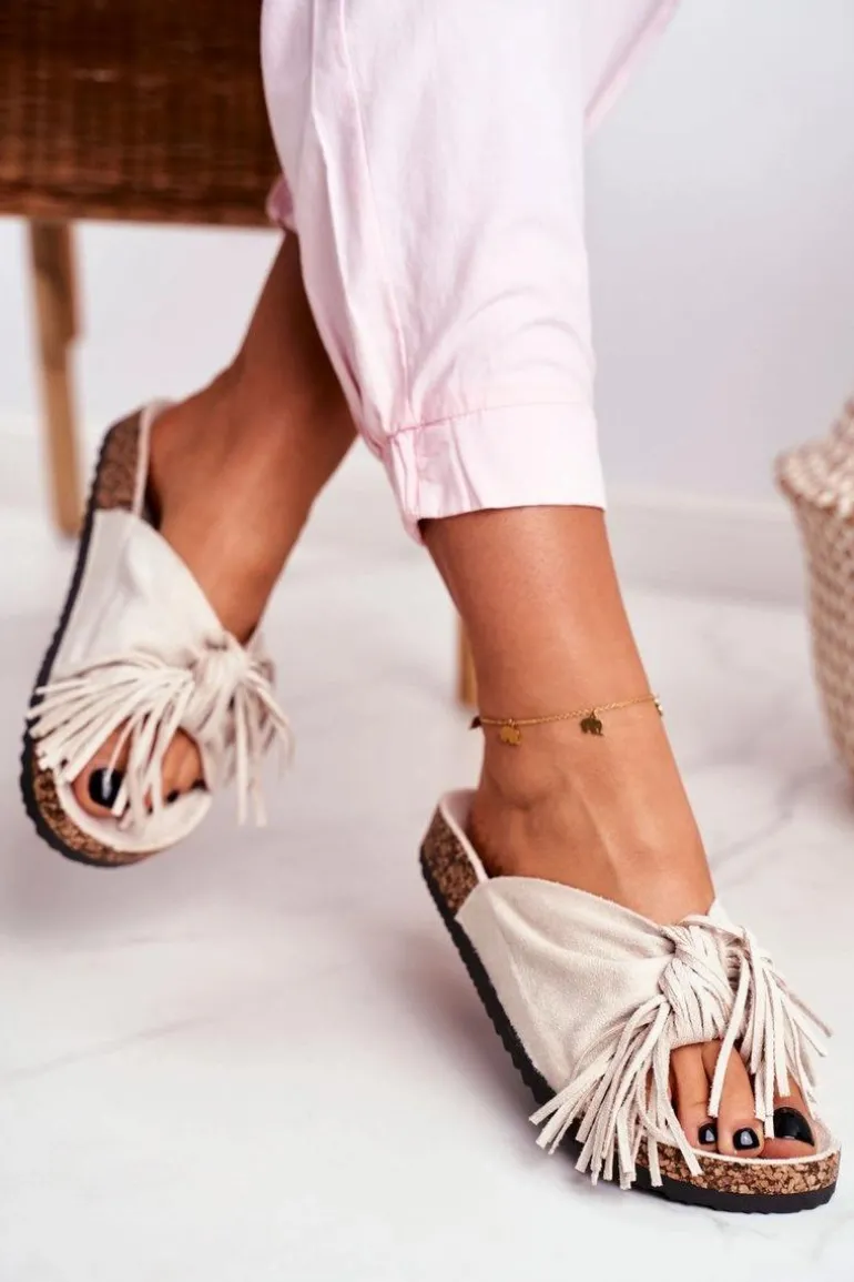 Damskie Kremowe Klapki Na Korku Frędzle Marina