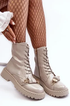 Damskie Lakierowane Botki Workery Z Ozdobą D&A MR870-67 Jasnoszare