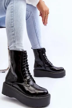 Damskie Lakierowane Botki Na Grubej Podeszwie Czarne Movana