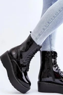 Damskie Lakierowane Botki Na Grubej Podeszwie Czarne Movana