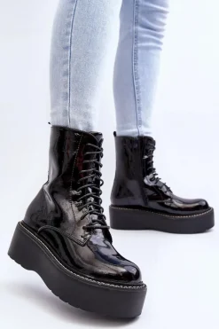 Damskie Lakierowane Botki Na Grubej Podeszwie Czarne Movana