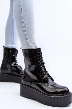 Damskie Lakierowane Botki Na Grubej Podeszwie Czarne Movana