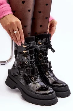 Damskie Lakierowane Botki Workery Na Platformie Czarne Nahili